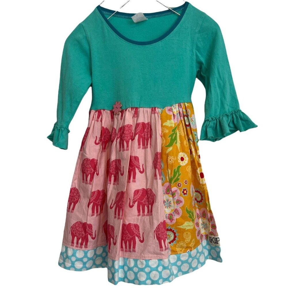 KPea Floral Elephant Dress Girls Green Multicolor 3/4 Bell Sleeve Pullover Sz 5T